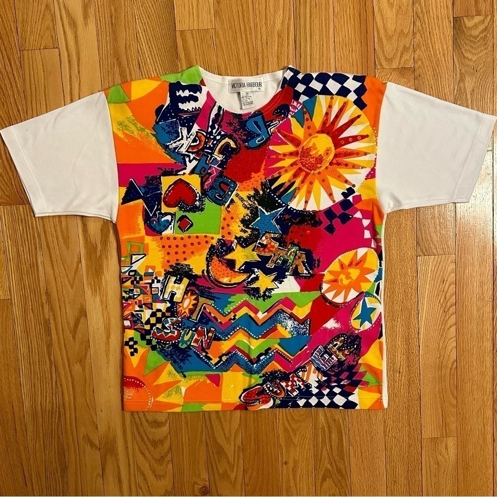 VINTAGE 80s/90s Victoria Harbour T-shirt Neon Graphics Sequins Shoulder Pads M